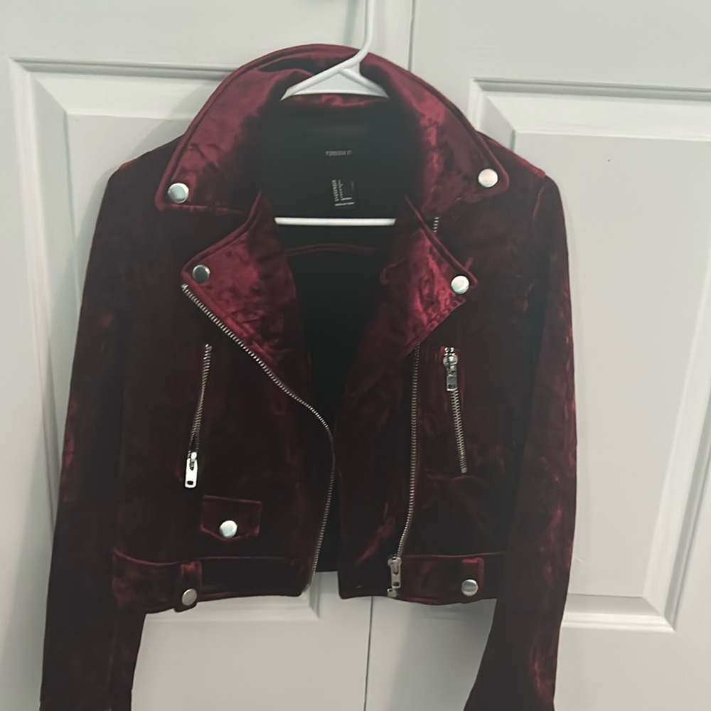 Forever 21 red/burgundy velvet moto jacket size S